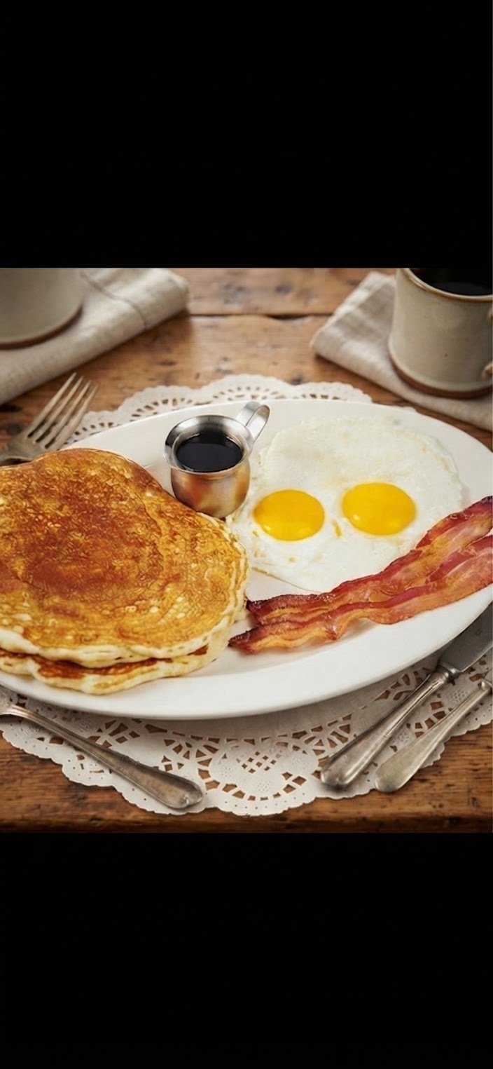 Pancakes bacon and eggs.
